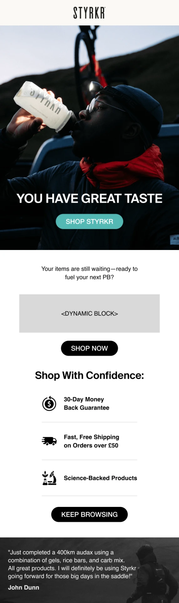 STYRKR abandoned cart email creative with shop with confidence benefits