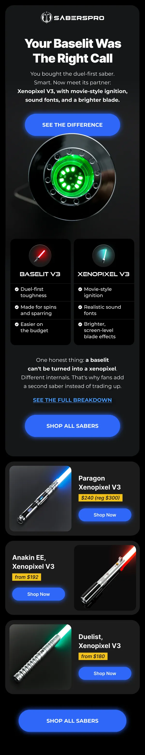 SabersPro upsell email for Baselit buyers promoting the Xenopixel V3 saber with movie-style ignition and sound fonts