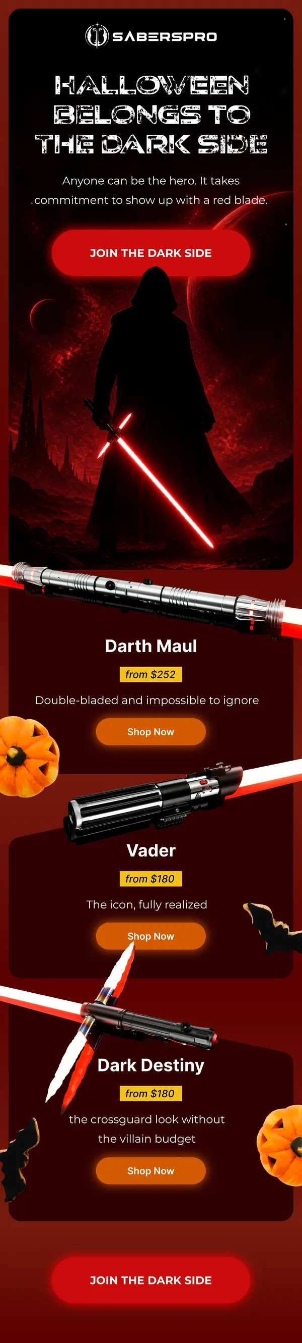 SabersPro Halloween email with a hooded figure holding a red lightsaber and the headline Halloween Belongs To The Dark Side