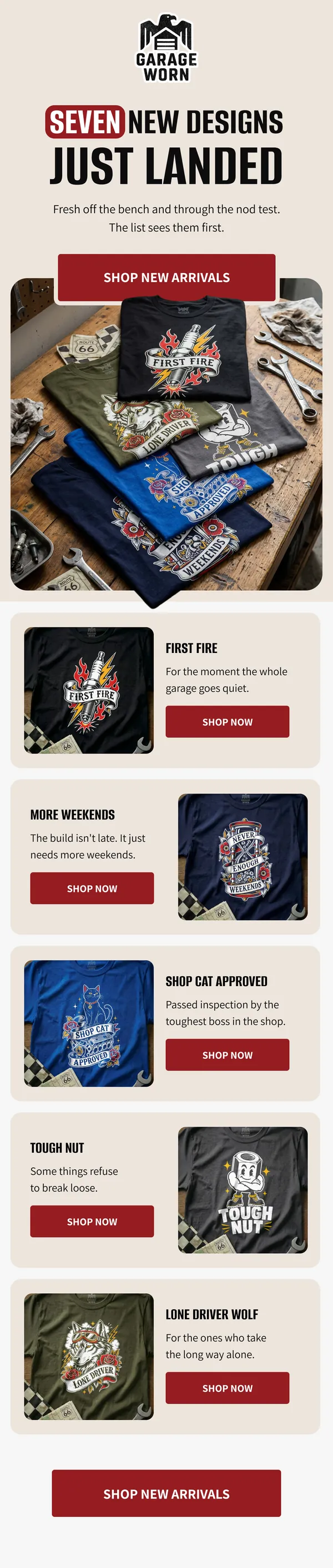 GarageWorn new arrivals campaign email with the headline Seven New Designs Just Landed and folded shirts on a workbench