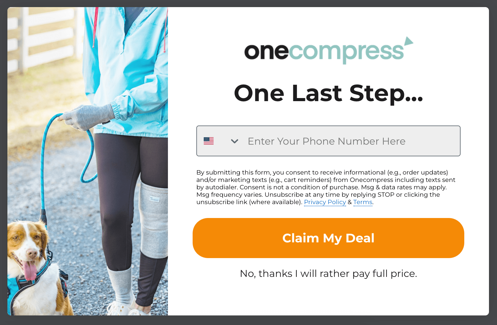 Onecompress SMS signup form third step collecting a phone number