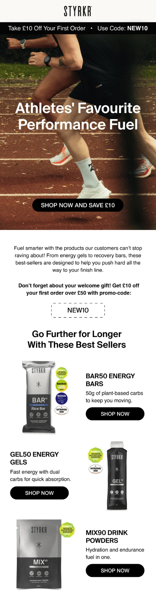 STYRKR welcome email creative offering a first order discount code