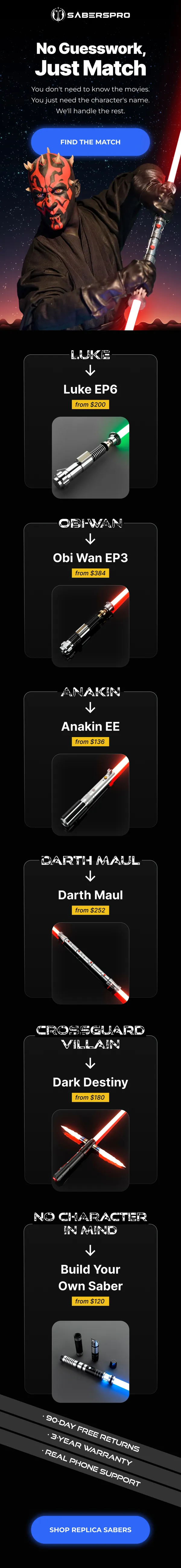 SabersPro email with a Darth Maul image and the headline No Guesswork, Just Match