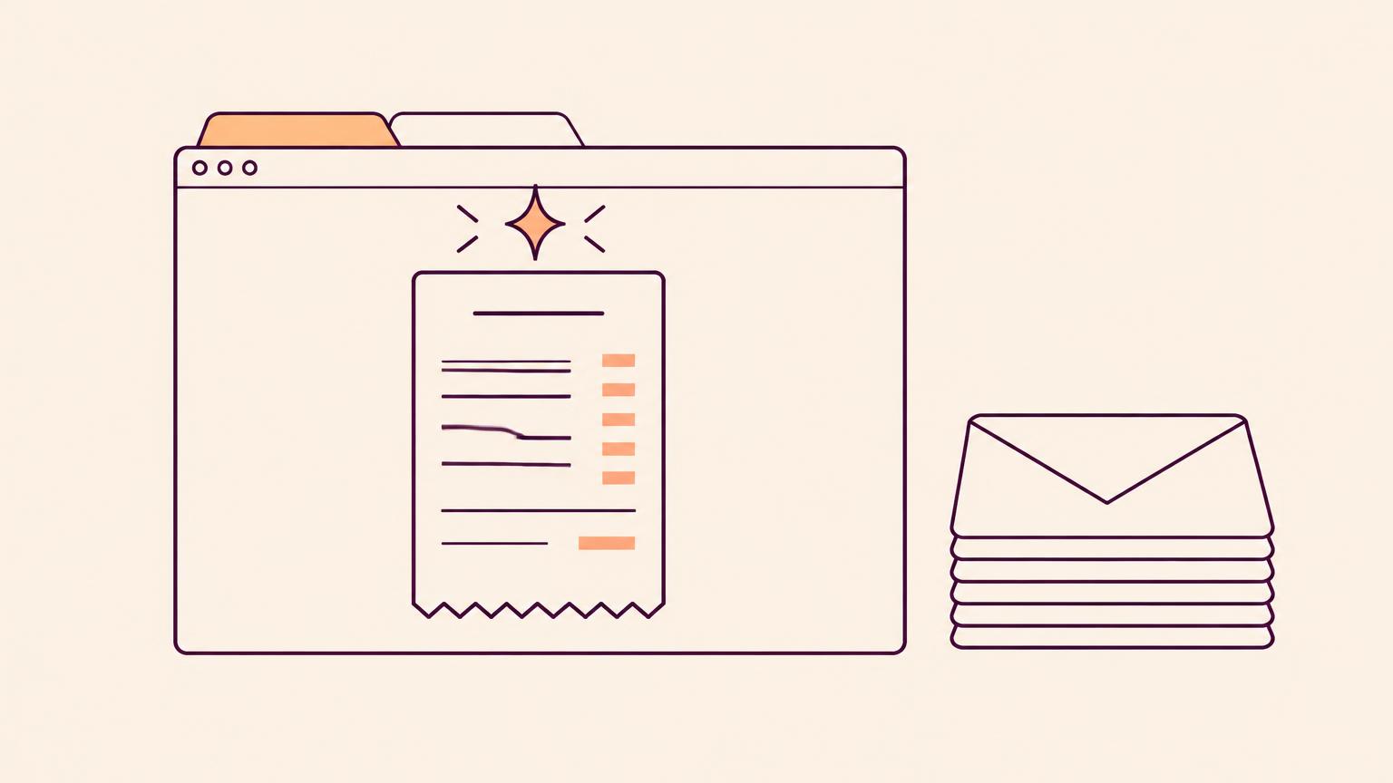 Illustration of a simplified inbox where an AI sparkle highlights a receipt card while promotional envelopes sit to the side