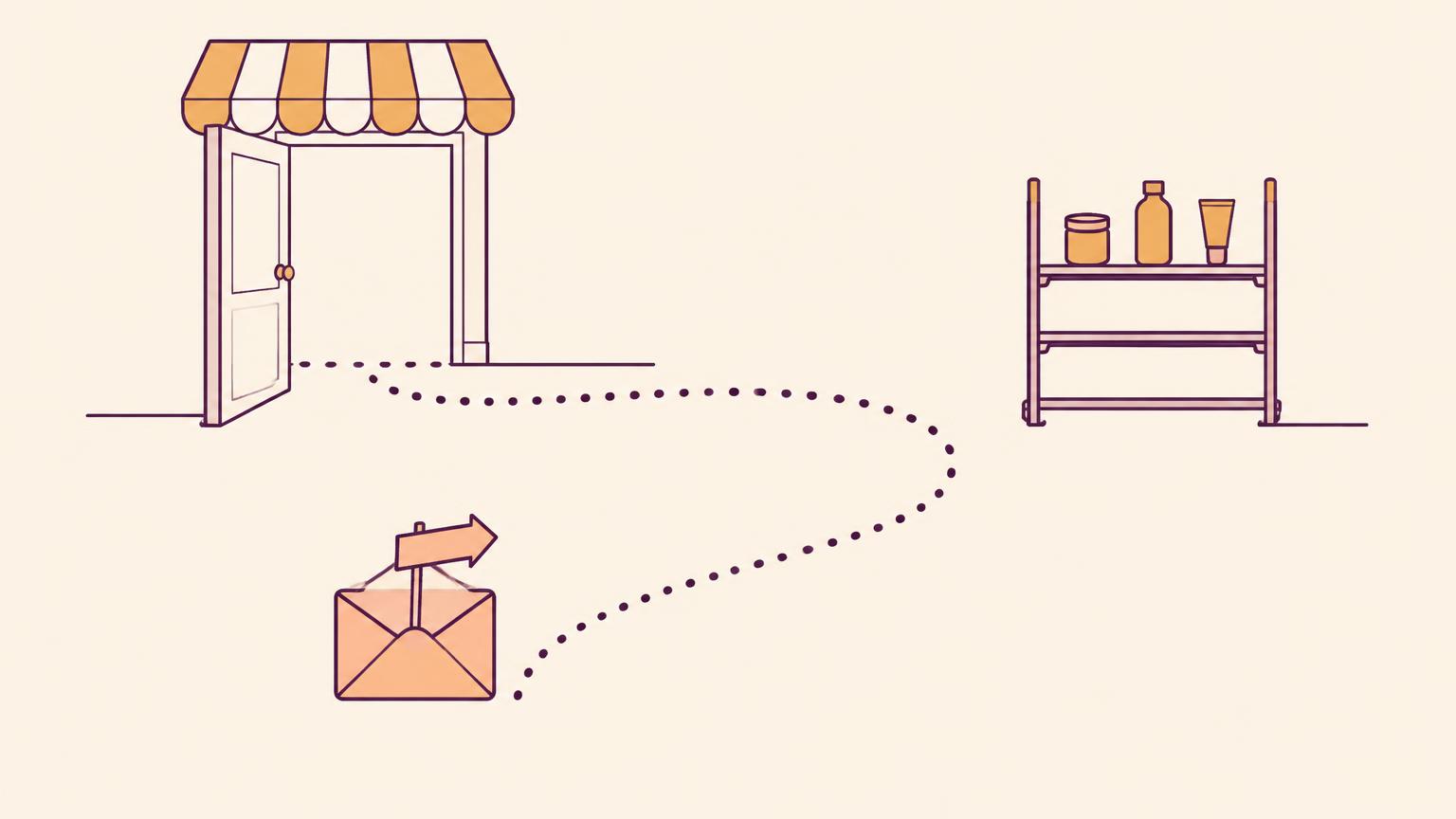 Illustration of a footpath that enters a shop and turns back before the shelves, with an email signpost pointing toward the products